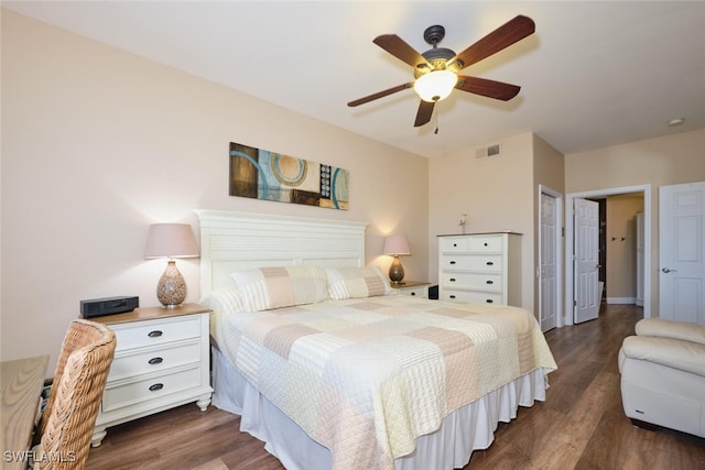 bedroom featuring ceiling fan, dark hardwood / wood-style flooring, and a closet