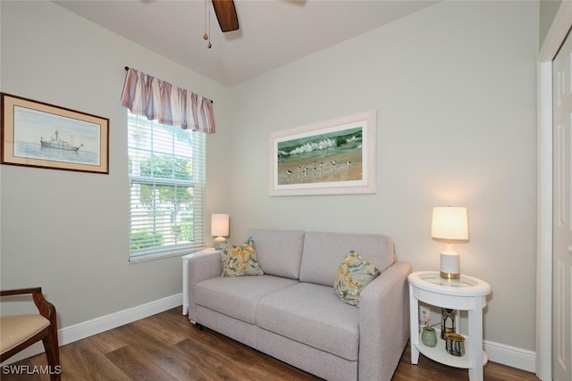 living room featuring ceiling fan and dark hardwood / wood-style flooring