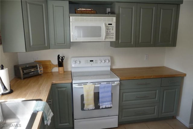 kitchen featuring butcher block countertops, white appliances, and gray cabinetry