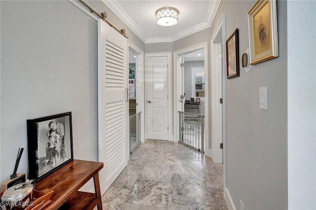 corridor featuring marble finish floor, baseboards, and ornamental molding