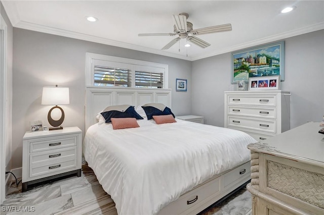 bedroom with crown molding and recessed lighting