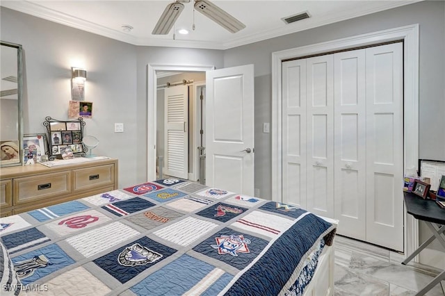 bedroom with a closet, ornamental molding, visible vents, recessed lighting, and marble finish floor