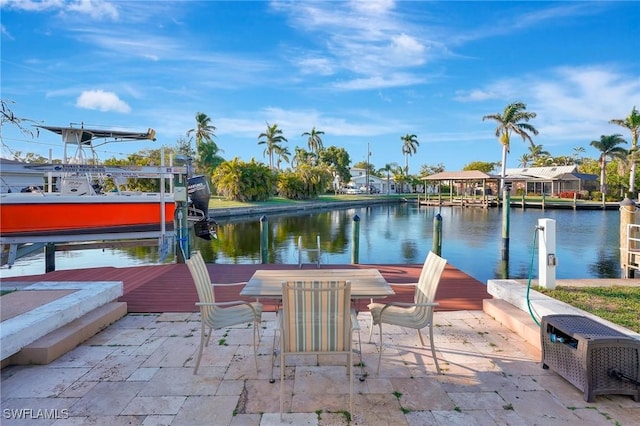 view of patio featuring a water view and a dock