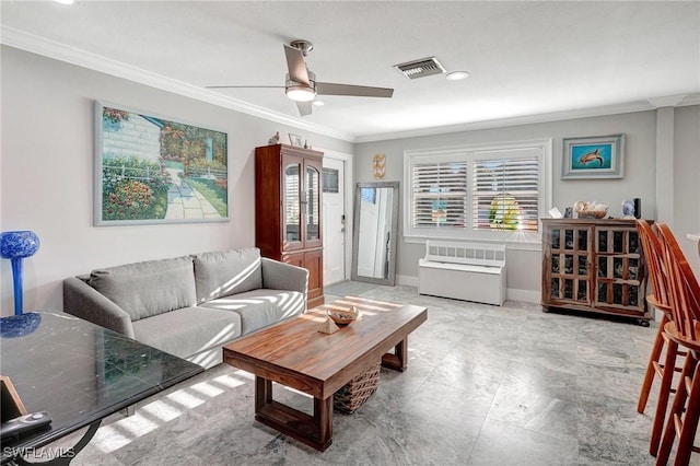 living room featuring crown molding, ceiling fan, visible vents, recessed lighting, and baseboards
