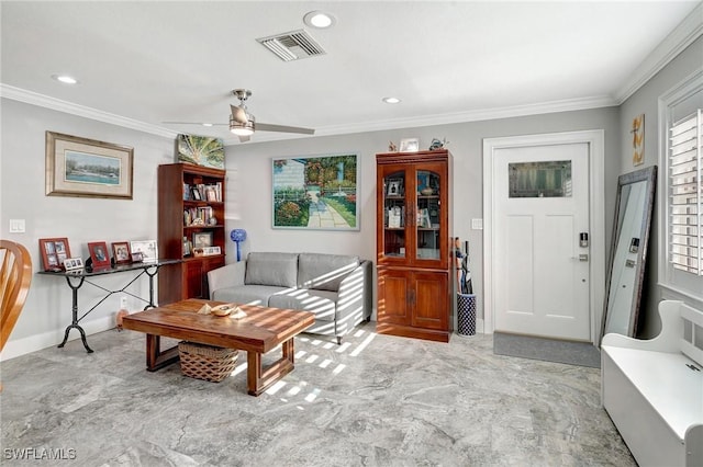 living area featuring crown molding, visible vents, ceiling fan, and recessed lighting