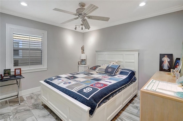bedroom with baseboards, recessed lighting, crown molding, a ceiling fan, and marble finish floor