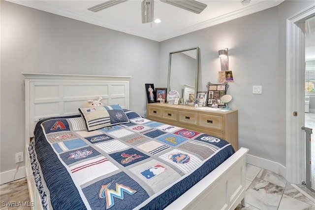 bedroom with crown molding, ceiling fan, baseboards, and recessed lighting