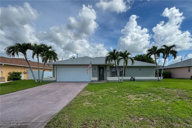 ranch-style home featuring a garage and a front yard