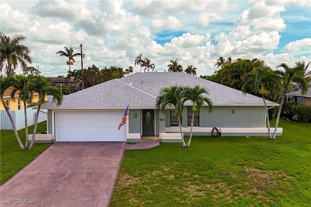 ranch-style home featuring a garage, concrete driveway, a front lawn, and a shingled roof