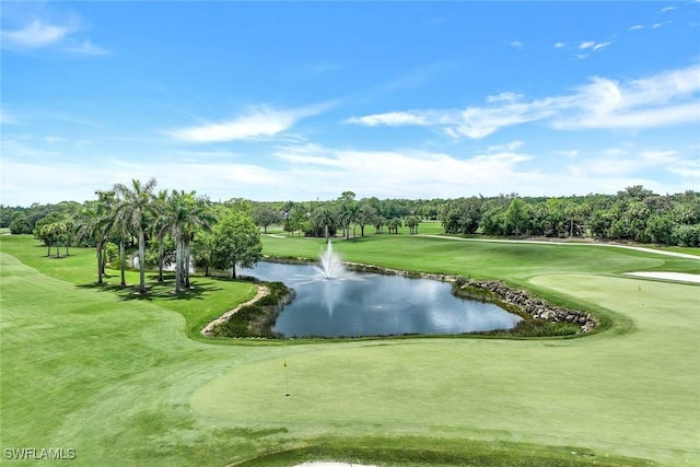 view of community with a water view and view of golf course