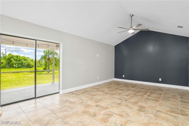 empty room with lofted ceiling and ceiling fan