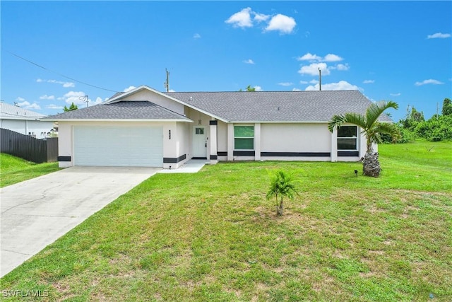 single story home with a garage and a front lawn