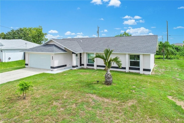 ranch-style house featuring a garage and a front lawn