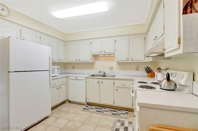 kitchen featuring sink, white appliances, light tile patterned floors, white cabinetry, and ornamental molding