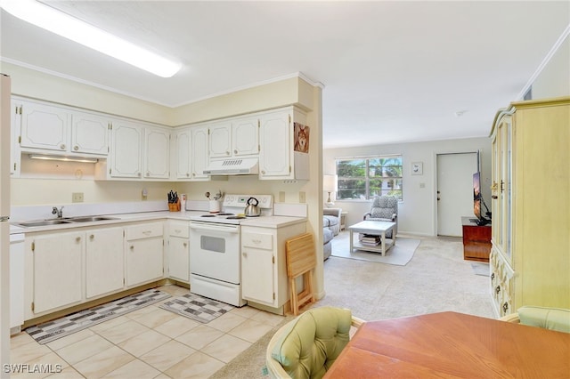 kitchen featuring white cabinetry, sink, crown molding, and white range with electric cooktop