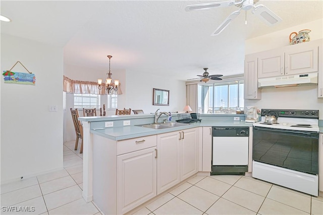 kitchen with white cabinetry, white appliances, kitchen peninsula, and sink