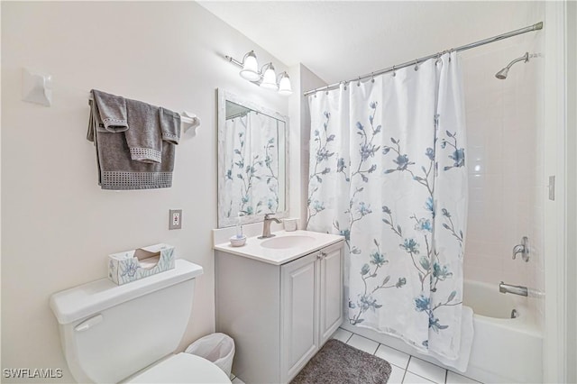 full bathroom with shower / tub combo, vanity, toilet, and tile patterned flooring