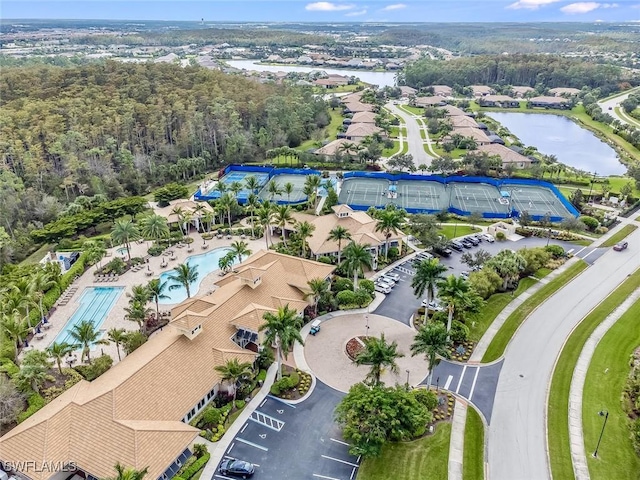 bird's eye view with a water view