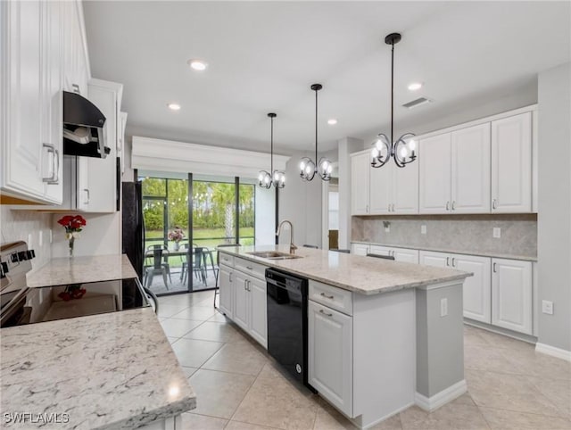 kitchen with white cabinetry, dishwasher, an island with sink, and stove