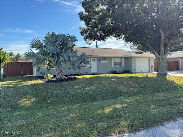 ranch-style home featuring a front yard, fence, and an attached garage