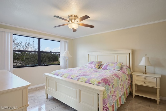 bedroom featuring crown molding, ceiling fan, and light tile patterned flooring