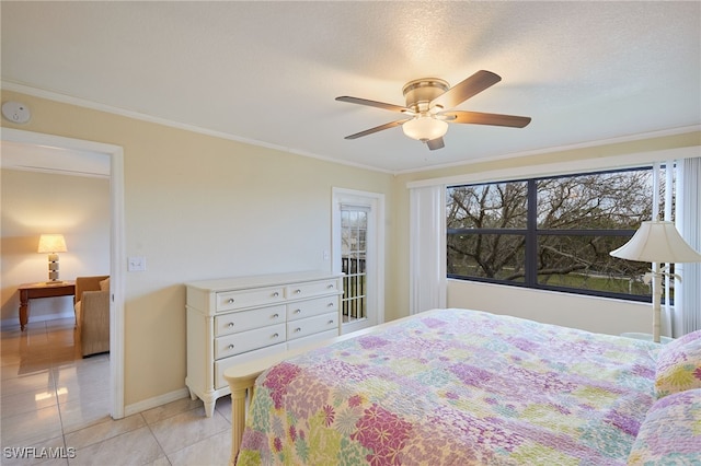 bedroom featuring ornamental molding, light tile patterned flooring, and ceiling fan