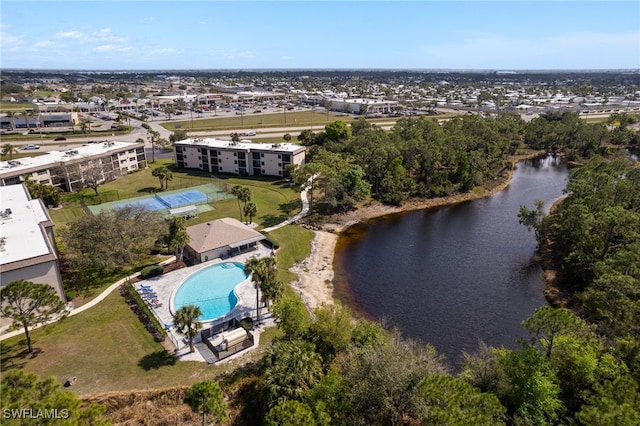 aerial view featuring a water view