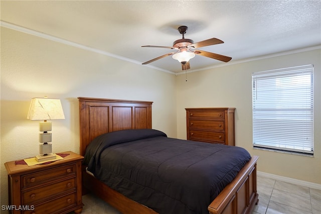 bedroom featuring crown molding, light tile patterned floors, a textured ceiling, and ceiling fan