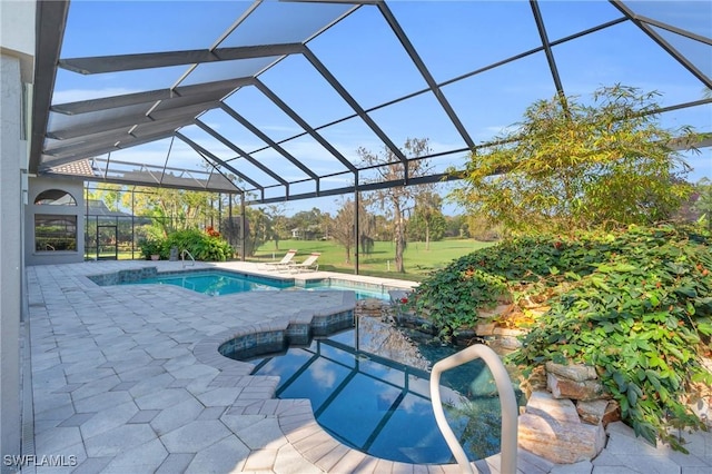 view of swimming pool with a patio and glass enclosure