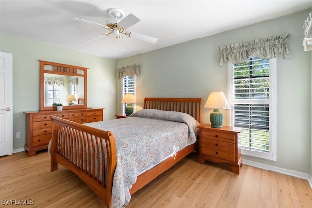 bedroom featuring ceiling fan and light wood-type flooring