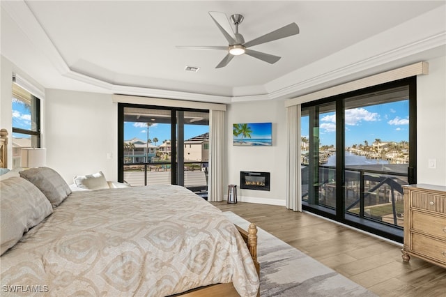 bedroom featuring wood-type flooring, access to exterior, and a raised ceiling