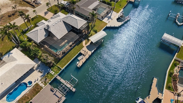 drone / aerial view featuring a water view