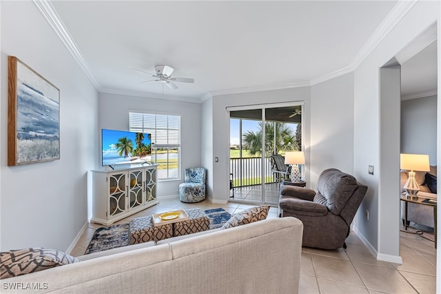 tiled living room with crown molding and ceiling fan