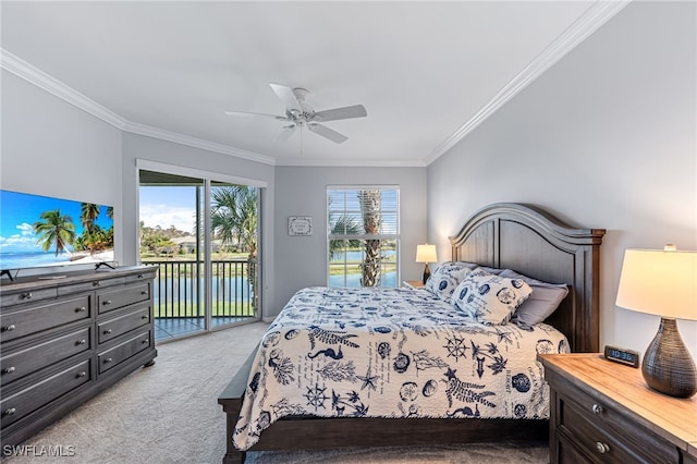 carpeted bedroom with access to outside, ornamental molding, ceiling fan, and a water view