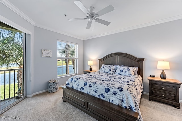 carpeted bedroom featuring ornamental molding, a water view, and ceiling fan