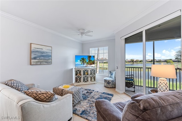 living room featuring ceiling fan, ornamental molding, and light tile patterned floors