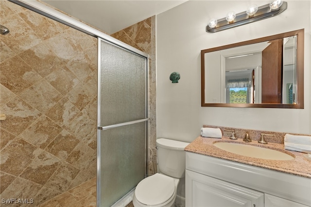 bathroom featuring vanity, toilet, and a shower with door