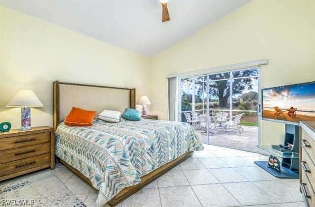 tiled bedroom with access to exterior, lofted ceiling, and ceiling fan