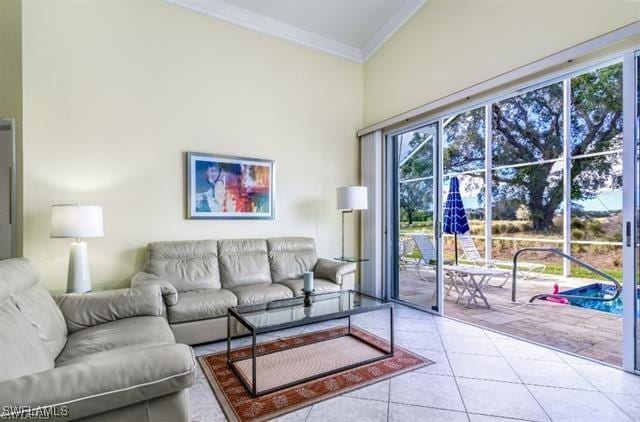 tiled living room with crown molding