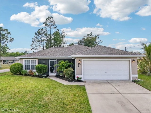 ranch-style home with a garage and a front yard