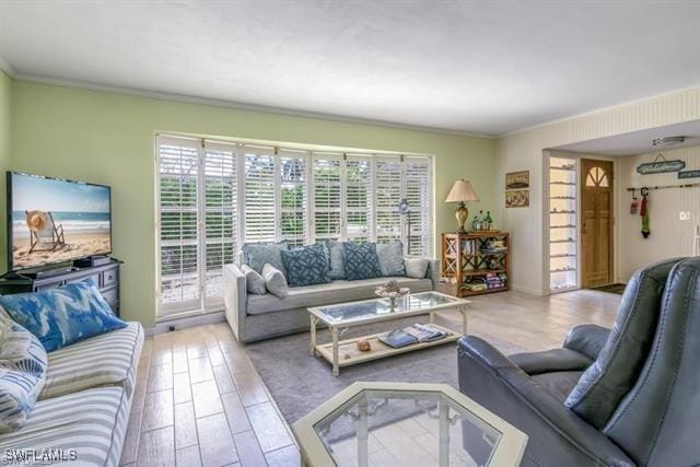 living room with crown molding and hardwood / wood-style floors