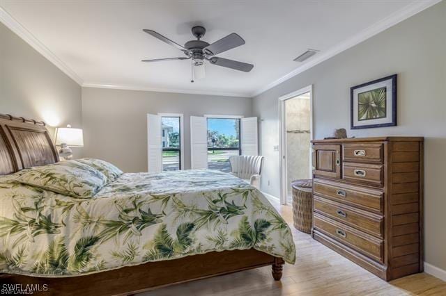 bedroom with light hardwood / wood-style flooring, ornamental molding, and ceiling fan