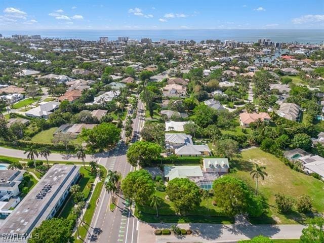 drone / aerial view featuring a water view