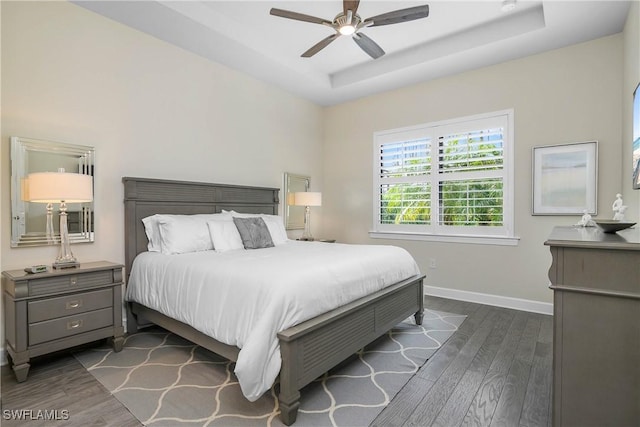 bedroom with a tray ceiling, dark wood-type flooring, and ceiling fan