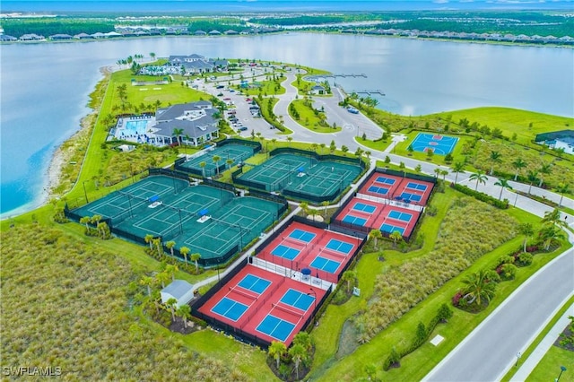 birds eye view of property featuring a water view