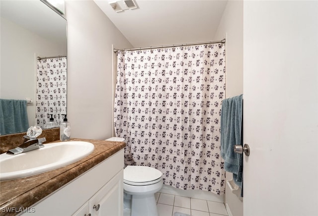 full bathroom featuring vanity, shower / bath combo, tile patterned floors, and toilet