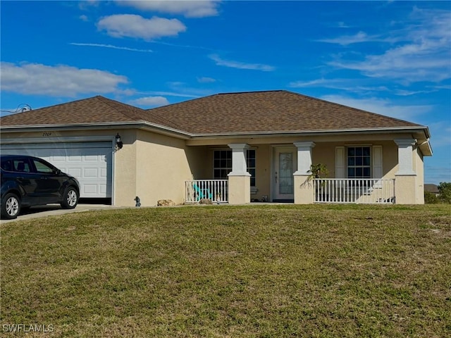 ranch-style home featuring a garage, covered porch, and a front lawn