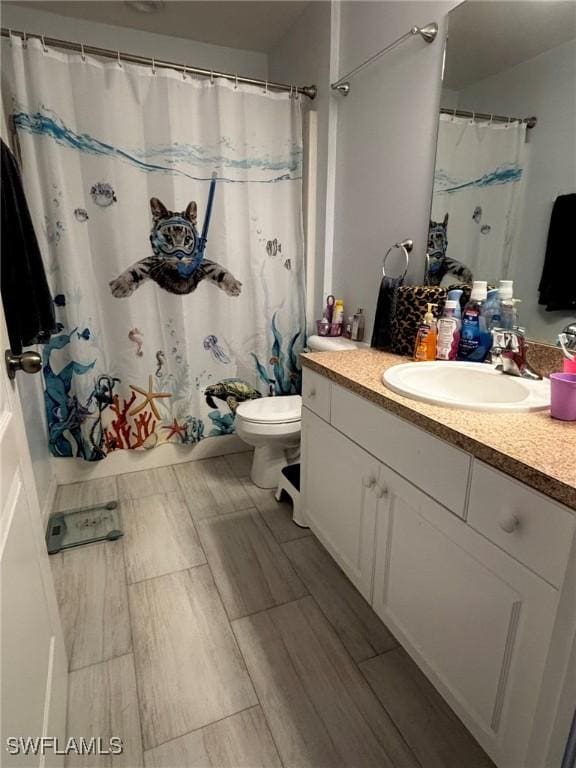 bathroom featuring vanity, a shower with shower curtain, and toilet