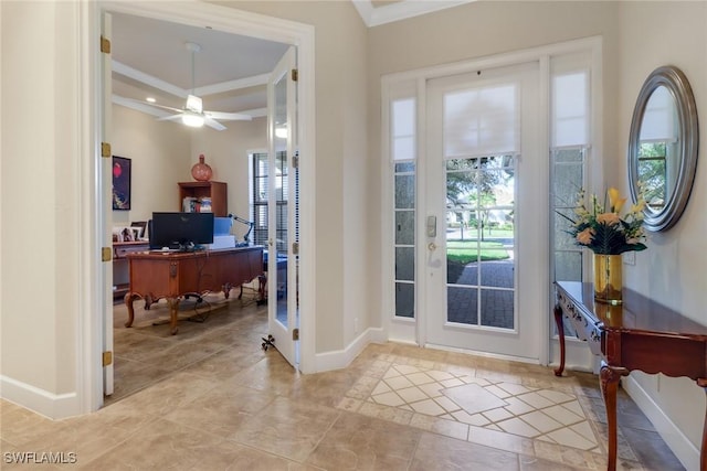 doorway to outside featuring ceiling fan, crown molding, plenty of natural light, and light tile patterned floors