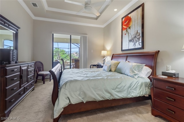 carpeted bedroom with crown molding, access to outside, and ceiling fan